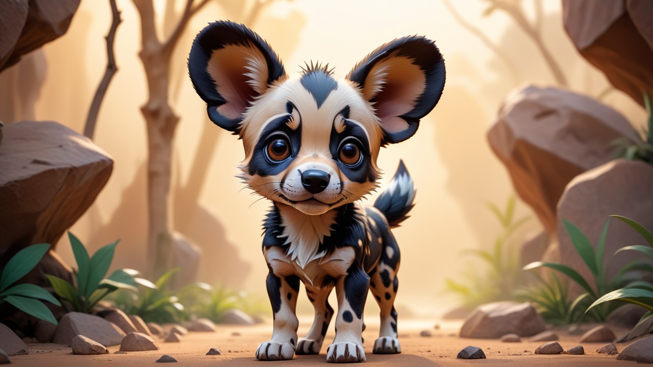 Chibi African Wild Dog in Vibrant Stance