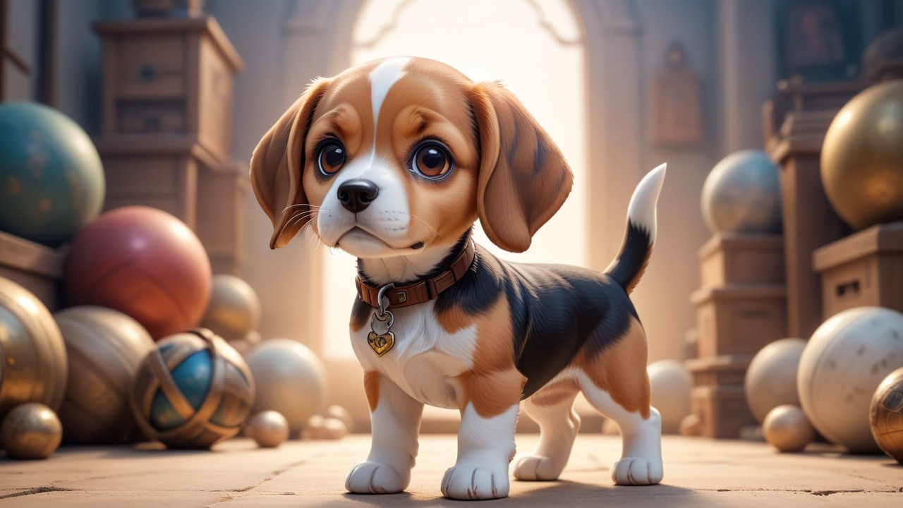 Whimsical Beagle-Shepherd Portrait: Playful Chibi Art Style, Enchanting Gazes