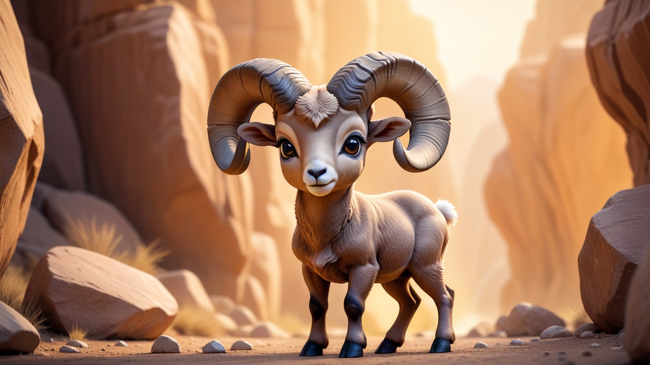 Chibbi-Art Bighorn Sheep in Chibi Style Gazing Back at the Camera