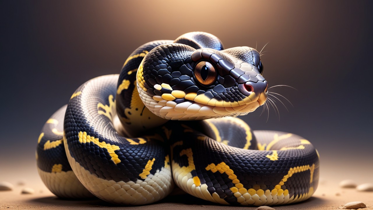 Chibbi-Art Boldly Black: A Chibi-Art Pastel Ball Python In Captivating Profile