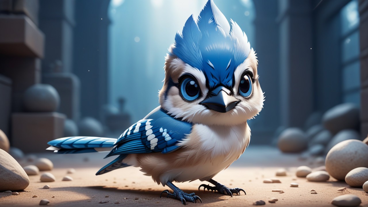 Chibbi-Art Vibrant Blue Jay: Chibi Perspective, Winking at Viewers