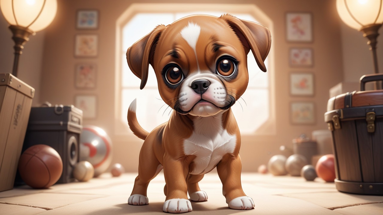 Chibbi-Art Boxer Pup Chibi Art: Facing Viewer with Confident Gaze