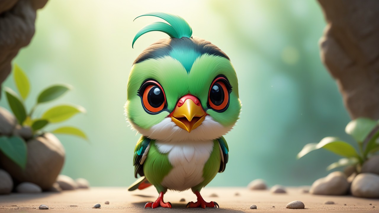 Chibbi-Art Vibrant Chibi Green Magpie, Ready To Greet The Viewer