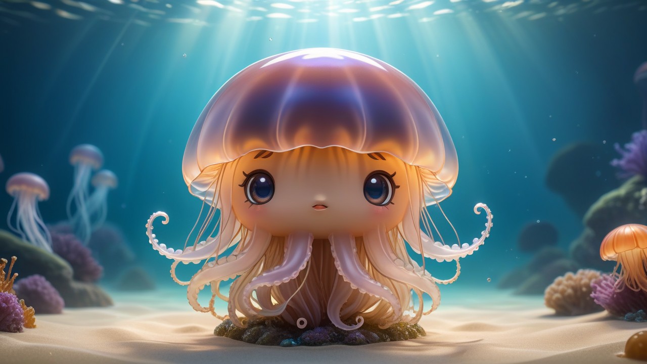 Chibbi-Art Eternal Little One: Chibi Jellyfish Gazing at the Canvas