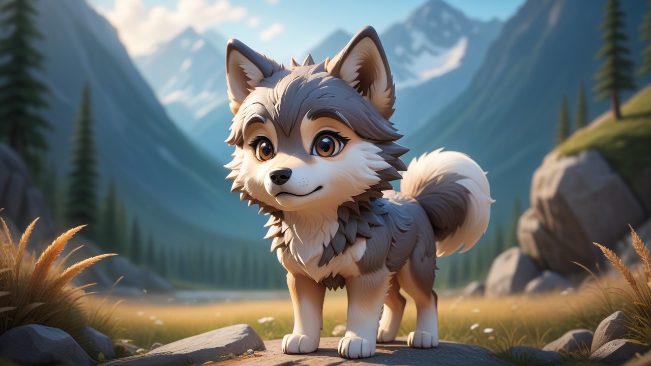 Chibbi-Art Wolf Embrace: Chibi Mackenzie Valley Mascot Amidst the Scenery