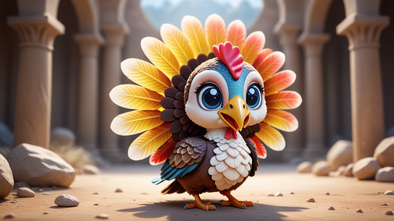 Chibbi-Art Cute and Curious Chibi Ocellated Turkey in Artistic Composition