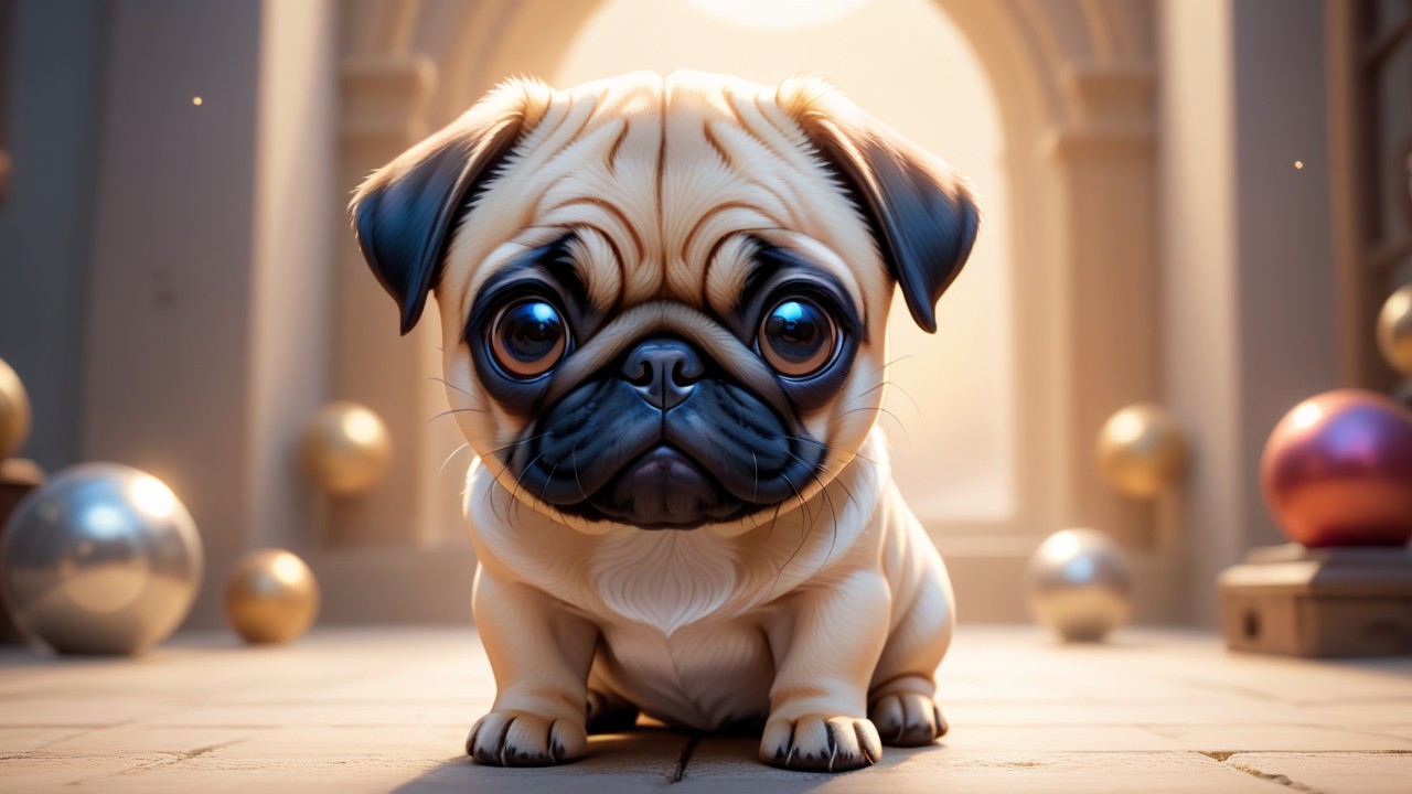 Chibbi-Art Whimsical Pug in Chibi Style Greets You with a Gaze