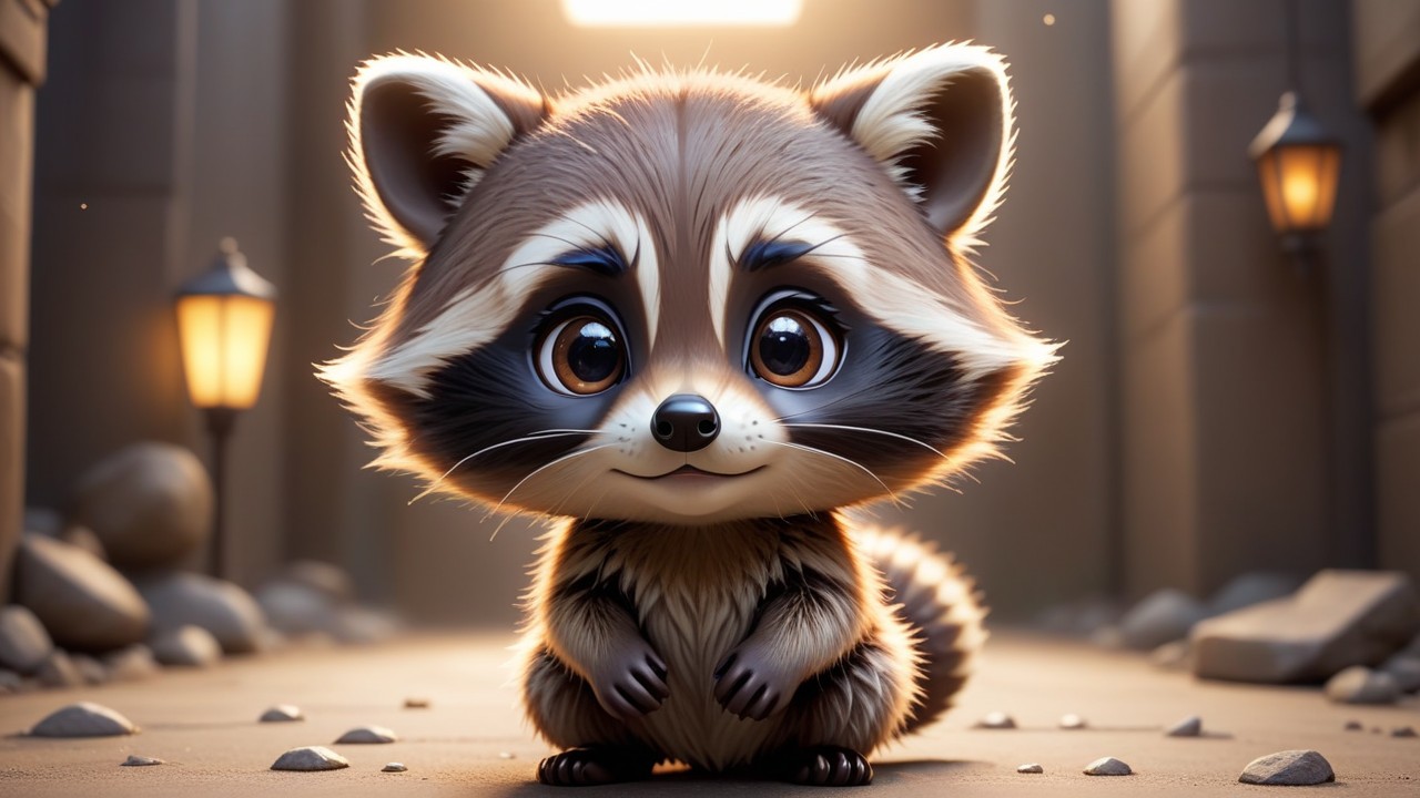 Chibbi-Art Whimsical Raccoon Chibi Gazes at Audience