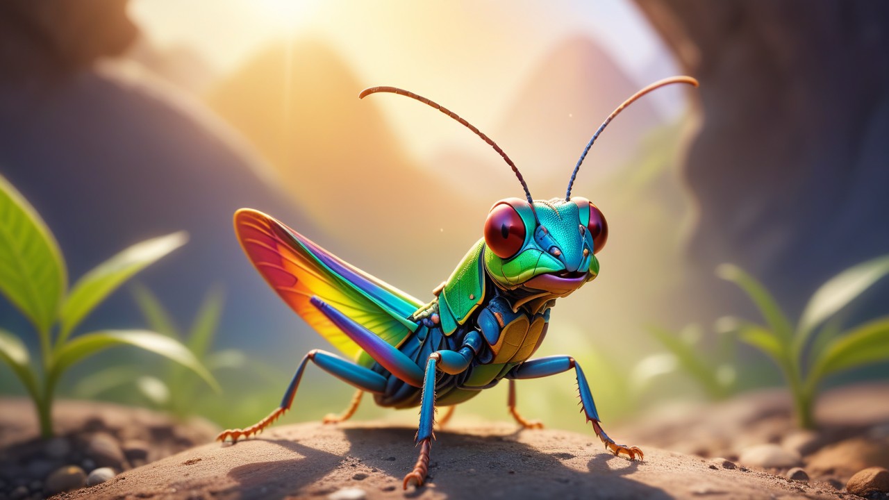 Chibbi-Art Bicolor Rainbow Grasshopper in Chibi Art Style Turned to the Viewers