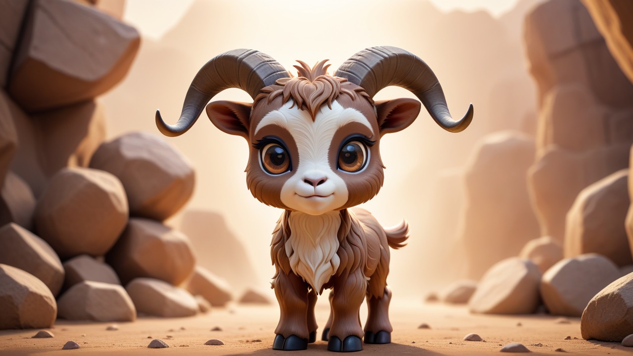 Chibbi-Art Savannah Goat Chibi - A young, playful, and adorable representation of a savannah goat, captured in a charming chibi style, inviting viewers to gaze into its lovable eyes and share a joyful moment.