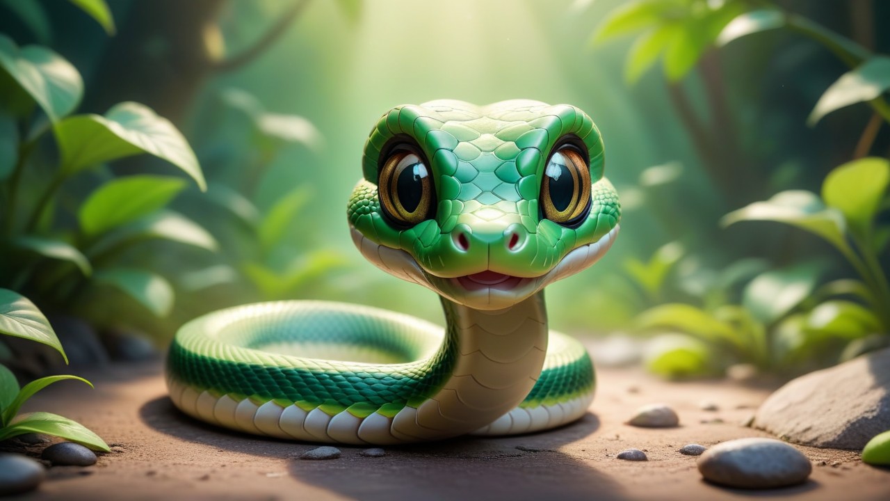 Chibbi-Art Vibrant Green Chibi Snake Embracing Perspective