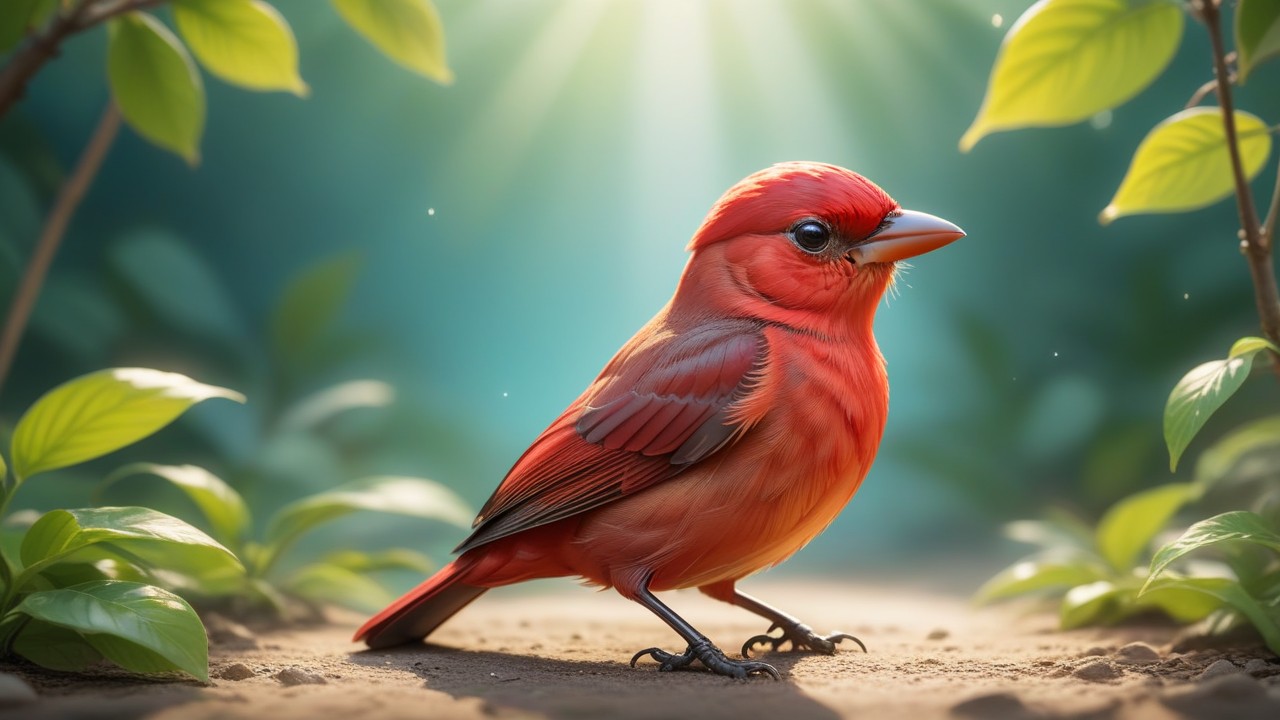 Chibbi-Art Sunset Skies: A Chibi Summer Tanager Shines