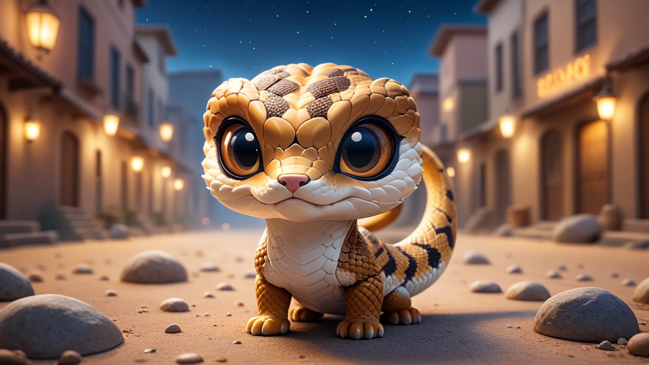 Chibbi-Art Nights Charm: A Texas Night Snake, Chibi-Style, Basking in Your Gaze