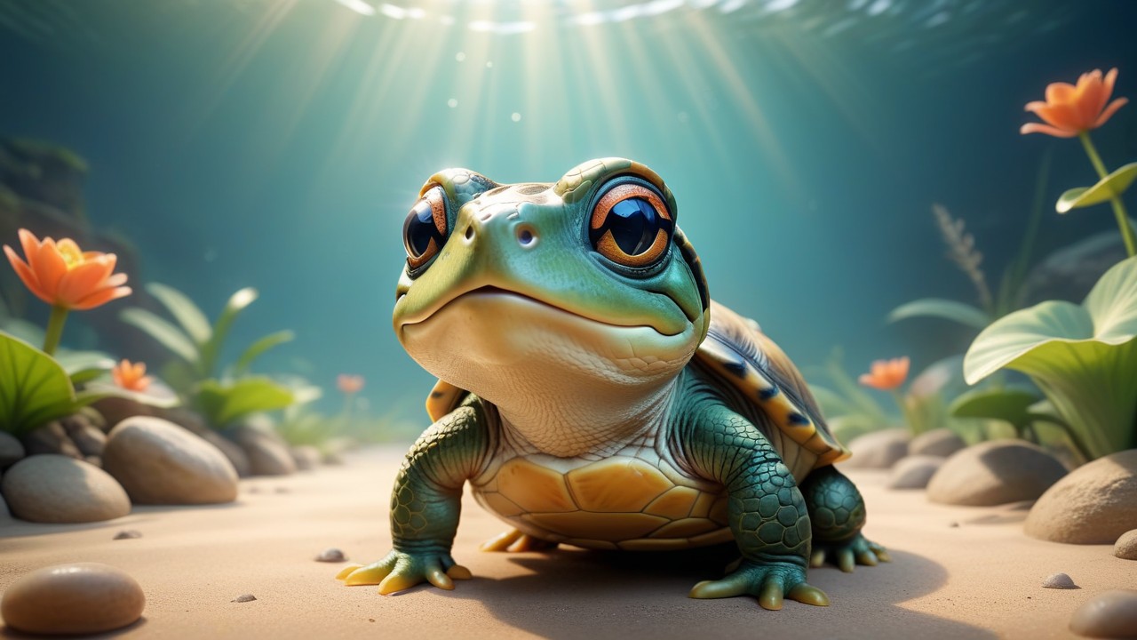 Chibbi-Art Turtle Frog in Chibi Style Turning To Viewers by Creative Artist