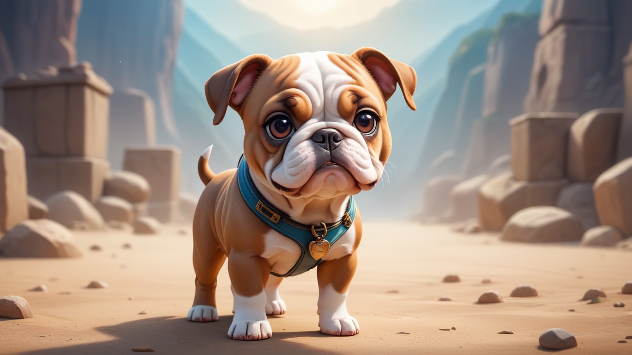 Chibbi-Art Bulldog in the Valley: Chibi Style, Full of Life.