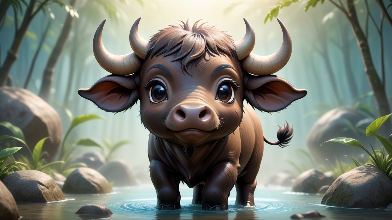 Chibbi-Art Water Buffalo Stare: A Chibi-inspired Artwork Embracing the Viewers Wonder