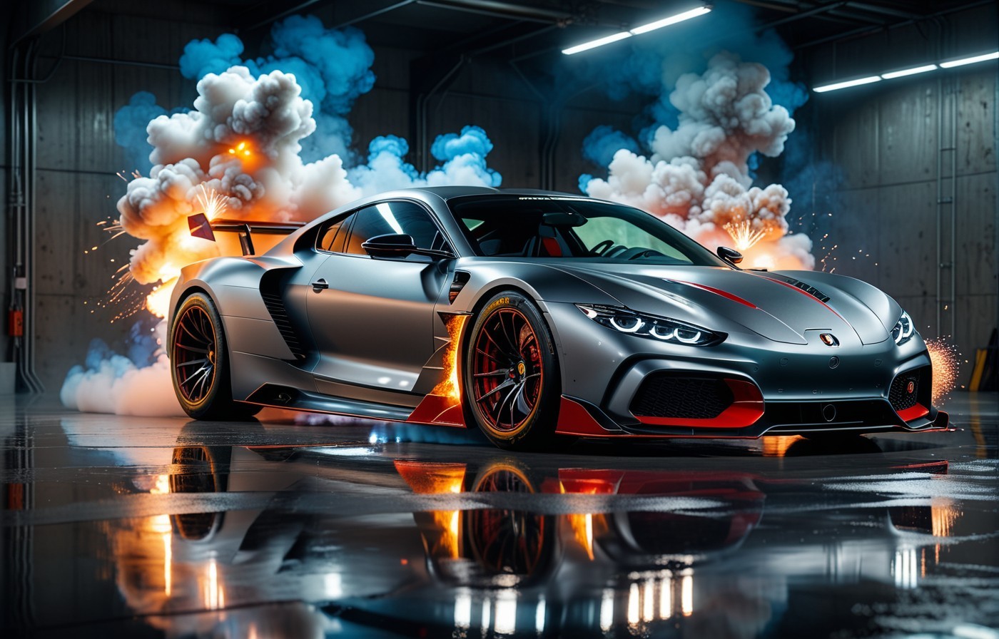 Vehicles Thrill on the Track: Silver Sports Car With Red Accents and White Smoke