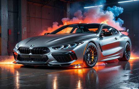 Fiery Rebel: A Silver Car In Flames. 2 Vehicles Fiery Rebel: A Silver Car In Flames.