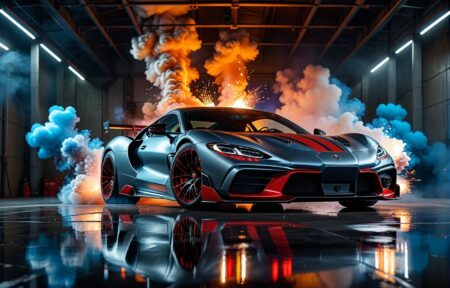 Thrill on the Track: Silver Sports Car With Red Accents and White Smoke 4 Vehicles Thrill on the Track: Silver Sports Car With Red Accents and White Smoke