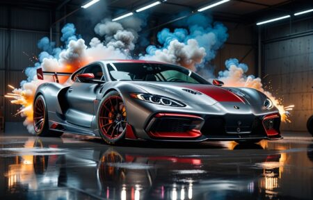Thrill on the Track: Silver Sports Car With Red Accents and White Smoke 6 Vehicles Thrill on the Track: Silver Sports Car With Red Accents and White Smoke
