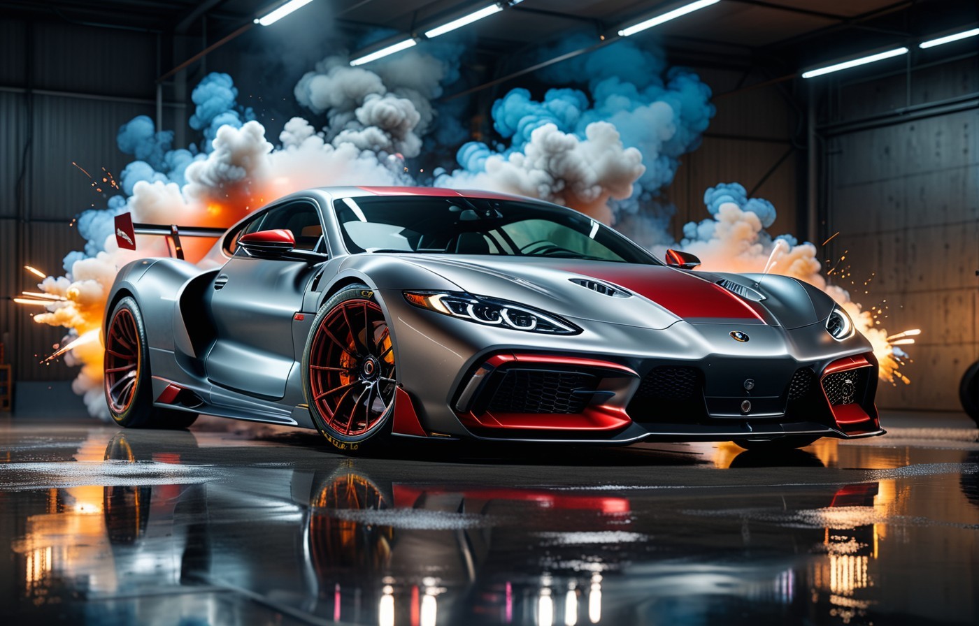 Vehicles Thrill on the Track: Silver Sports Car With Red Accents and White Smoke