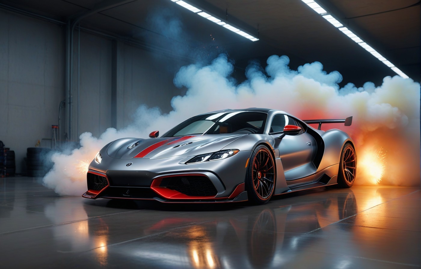 Vehicles Thrill on the Track: Silver Sports Car With Red Accents and White Smoke