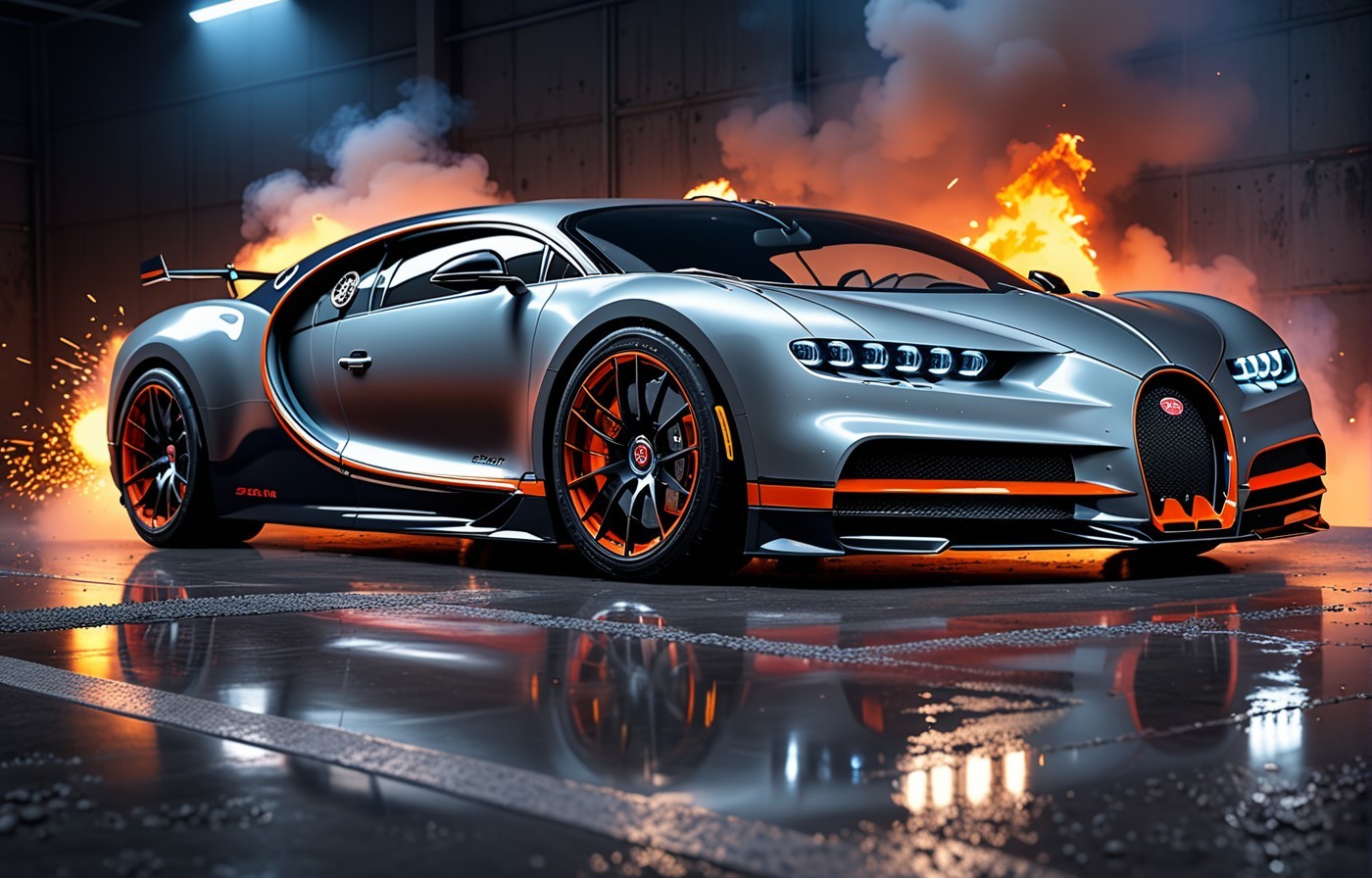 Vehicles Inferno Inspiration: A Silver Bugatti on Fire