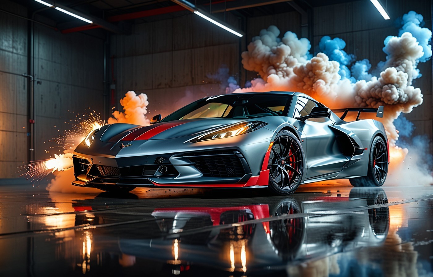 Vehicles Thrill on the Track: Silver Sports Car With Red Accents and White Smoke