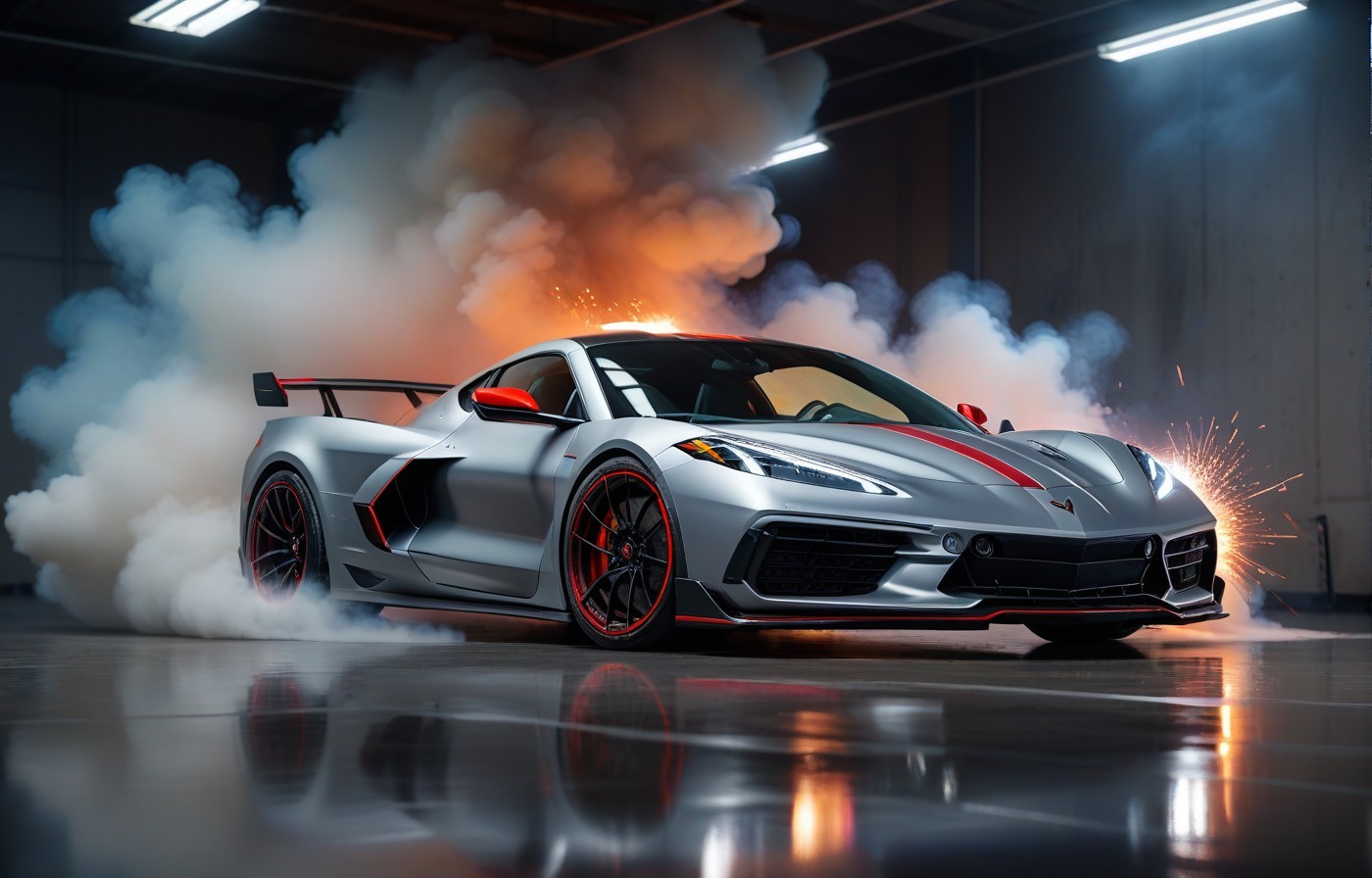 Thrill on the Track: Silver Sports Car With Red Accents and White Smoke