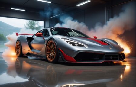 Thrill on the Track: Silver Sports Car With Red Accents and White Smoke 15 Vehicles Thrill on the Track: Silver Sports Car With Red Accents and White Smoke