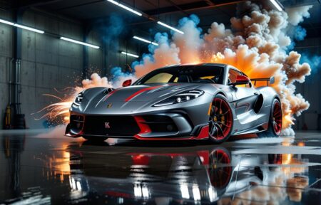 Thrill on the Track: Silver Sports Car With Red Accents and White Smoke 18 Vehicles Thrill on the Track: Silver Sports Car With Red Accents and White Smoke