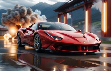 Vehicles Thrill on a Slick Surface: A Red Sports Cars High-Speed Adventure