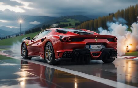 Vehicles Thrill on a Slick Surface: A Red Sports Cars High-Speed Adventure