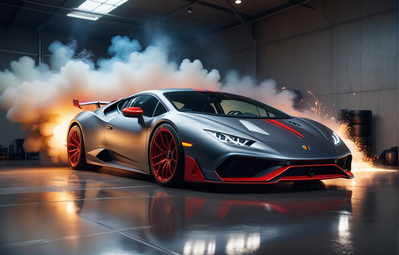 Vehicles Thrill on the Track: Silver Sports Car With Red Accents and White Smoke