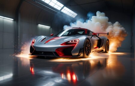 Vehicles Thrill on the Track: Silver Sports Car With Red Accents and White Smoke