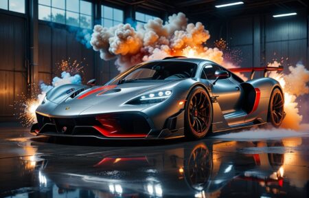 Vehicles Thrill on the Track: Silver Sports Car With Red Accents and White Smoke