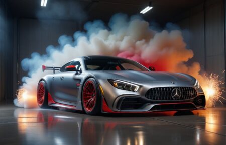 Vehicles Striking Red Rims on a Silver Mercedes