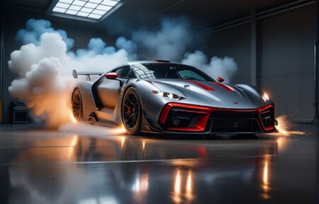 Vehicles Thrill on the Track: Silver Sports Car With Red Accents and White Smoke