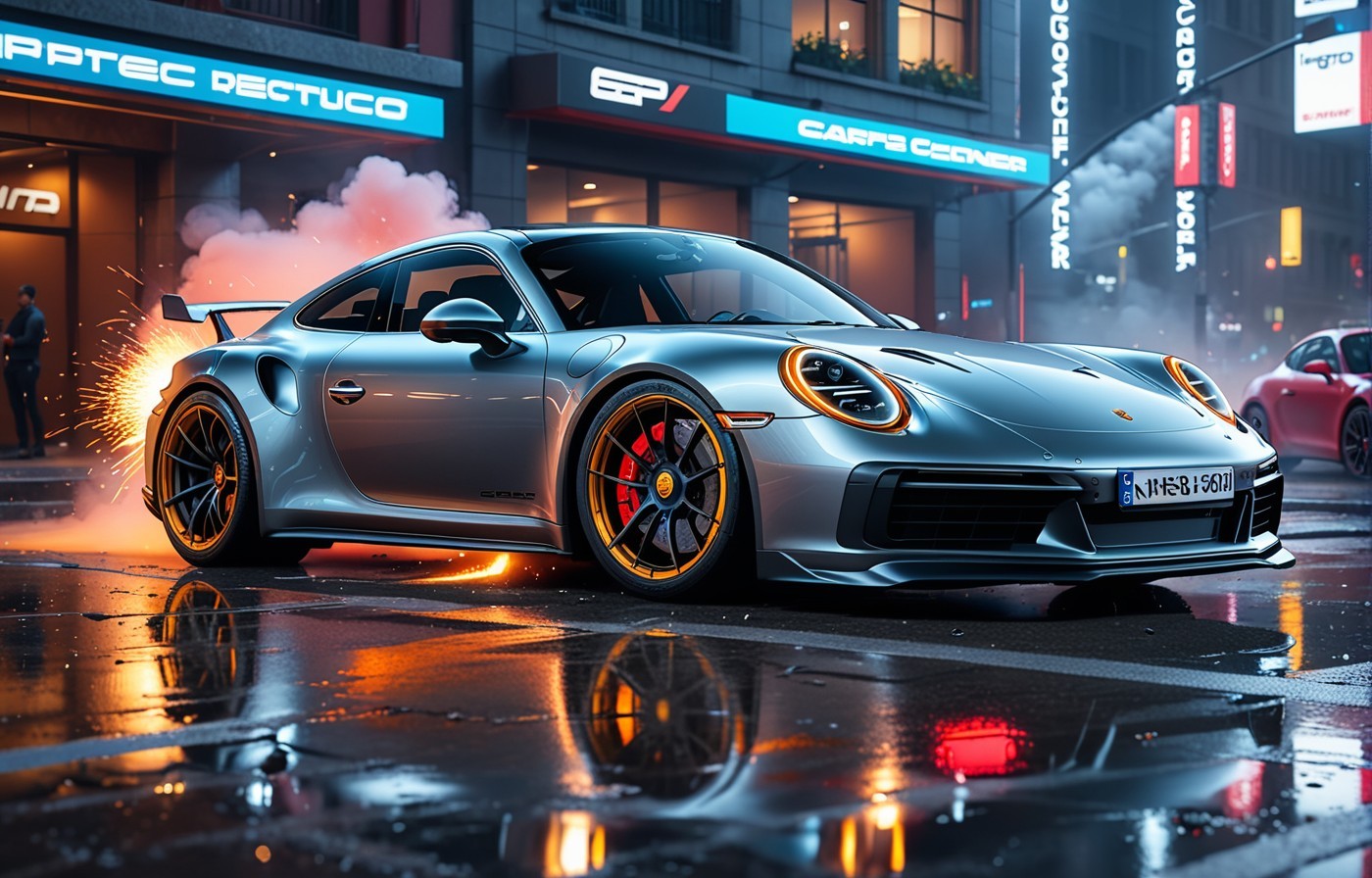 Vehicles Lustrous Porsche Glows on Drenched Cityscape