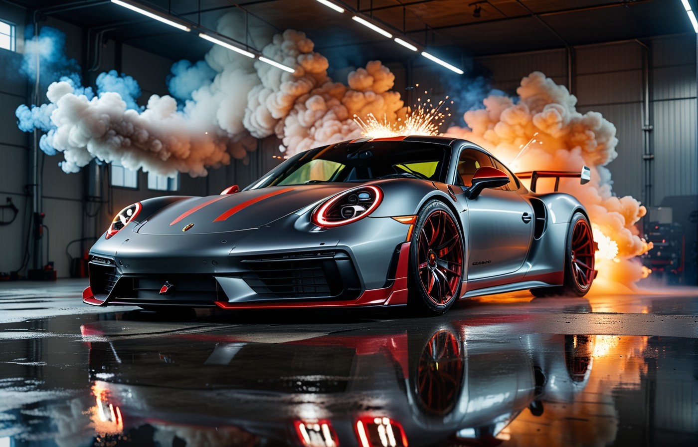 Vehicles Thrill on the Track: Silver Sports Car With Red Accents and White Smoke