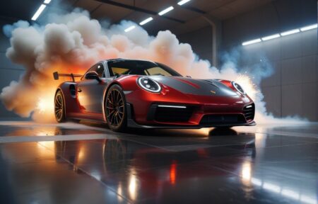 Vehicles Pulsing Power: A Grey Porsche Exhaling Smoke in Pure Performance