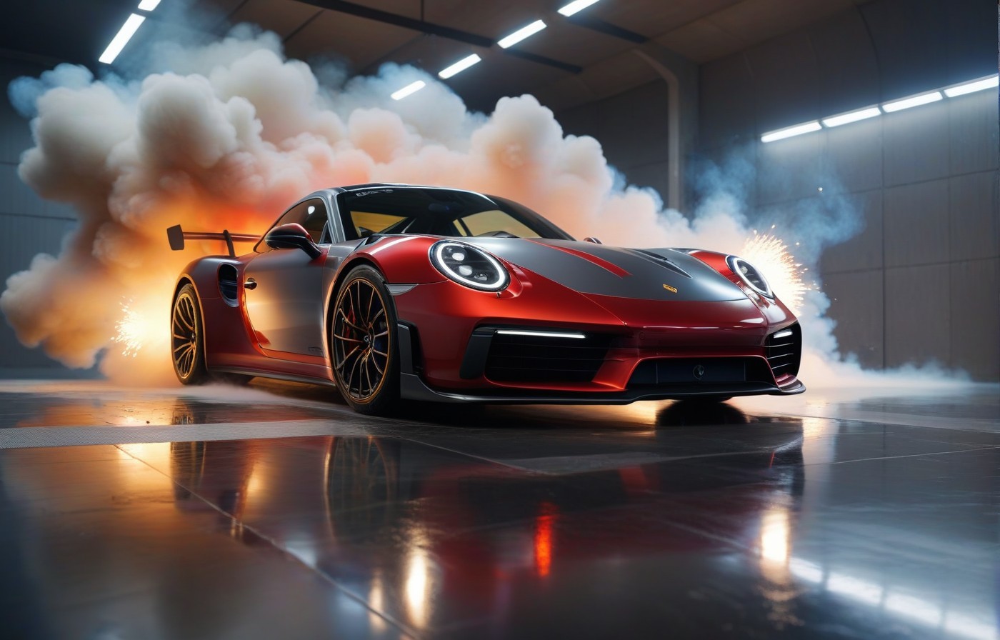 Vehicles Pulsing Power: A Grey Porsche Exhaling Smoke in Pure Performance