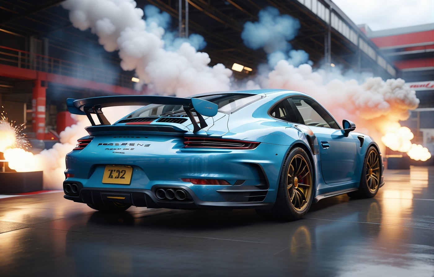 Vehicles Pulsating Blue Porsche 911: Spirited Hues, Smoky Engine