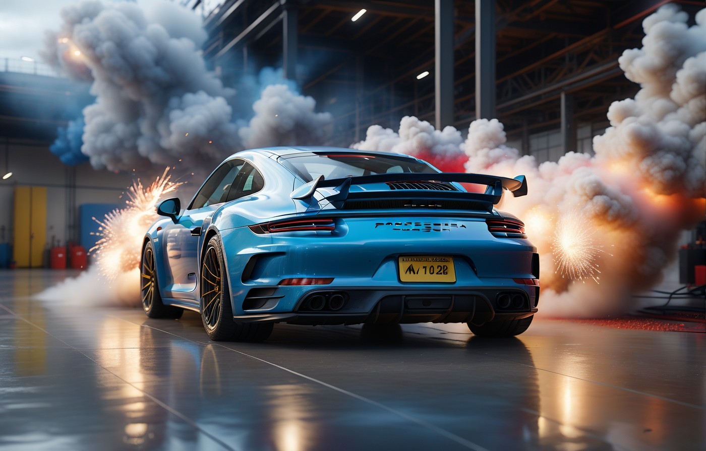 Vehicles Pulsating Blue Porsche 9117 amidst a Dense Smoke Haze