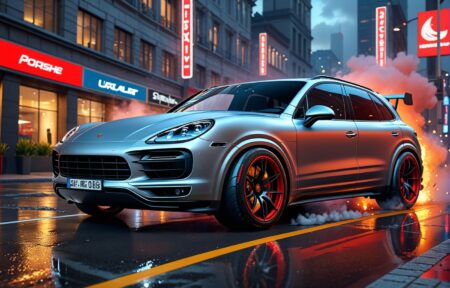Vehicles Pristine Silver Porsche Cayenne Glides on the Urban Runway
