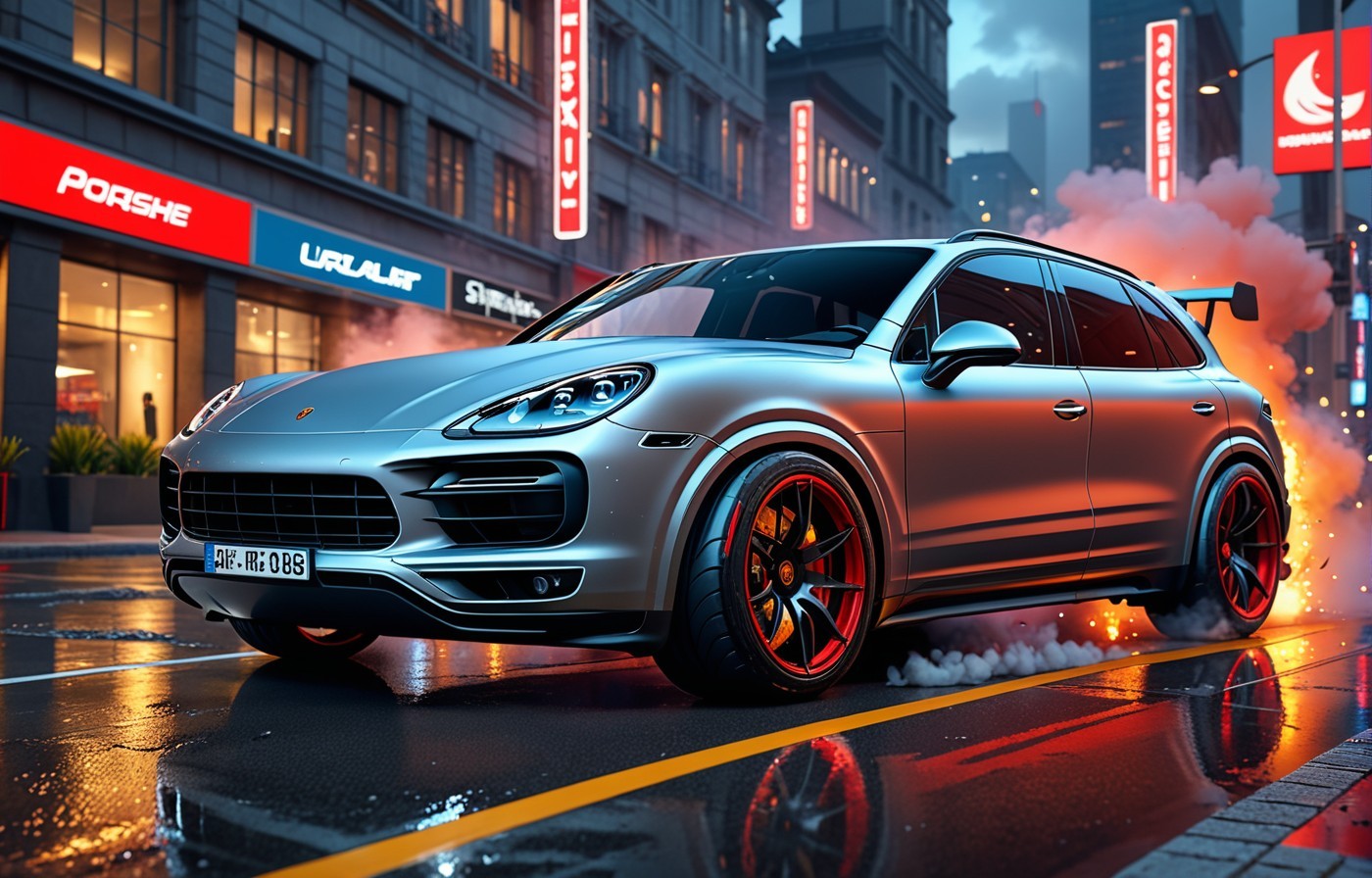 Vehicles Pristine Silver Porsche Cayenne Glides on the Urban Runway