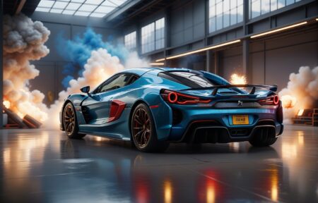 Vehicles Vigorous Victory: Blue Sports Car Exiting Triumphantly