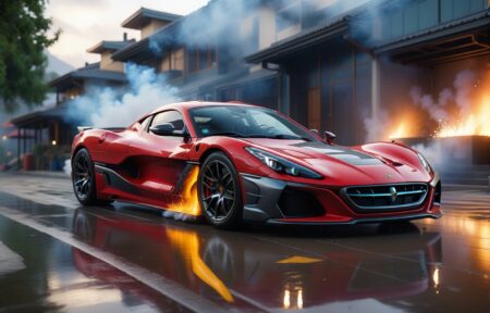 Vehicles Red Racer Splashes Through Rainy Streets