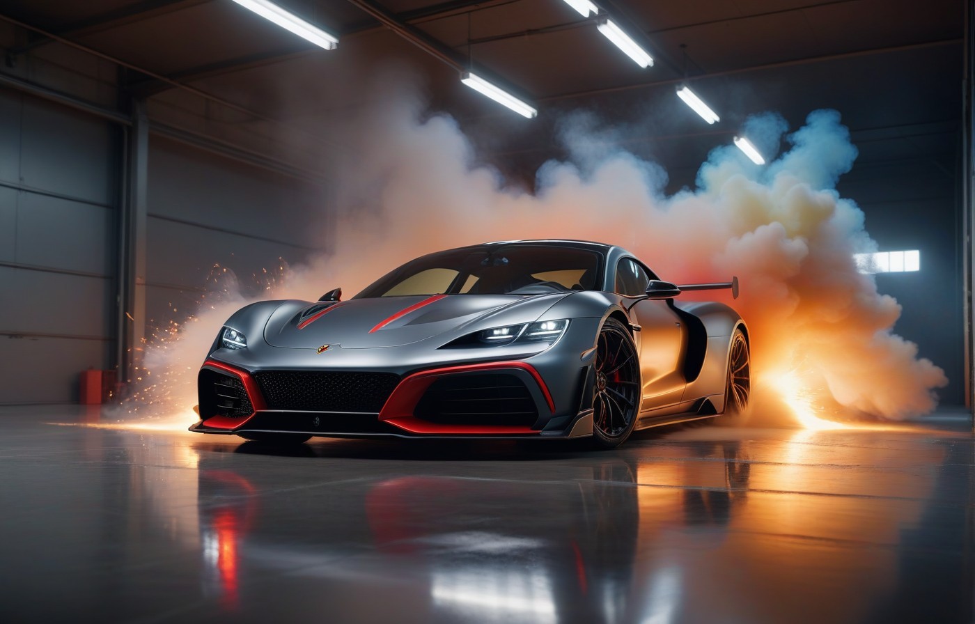 Vehicles Thrill on the Track: Silver Sports Car With Red Accents and White Smoke