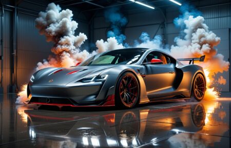 Vehicles Thrilling Vapor: A Silver Sports Car Embraces Its Power
